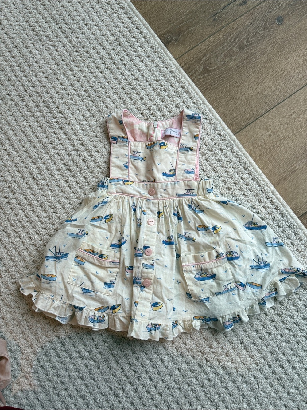 SweetHoney White Dress with Blue and Pink Boat Print